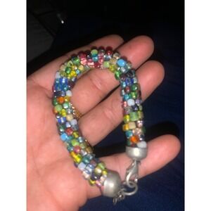 Multi Color Glass Seed Bead Rope Bracelet Silver Tone Lobster Clasp Boho